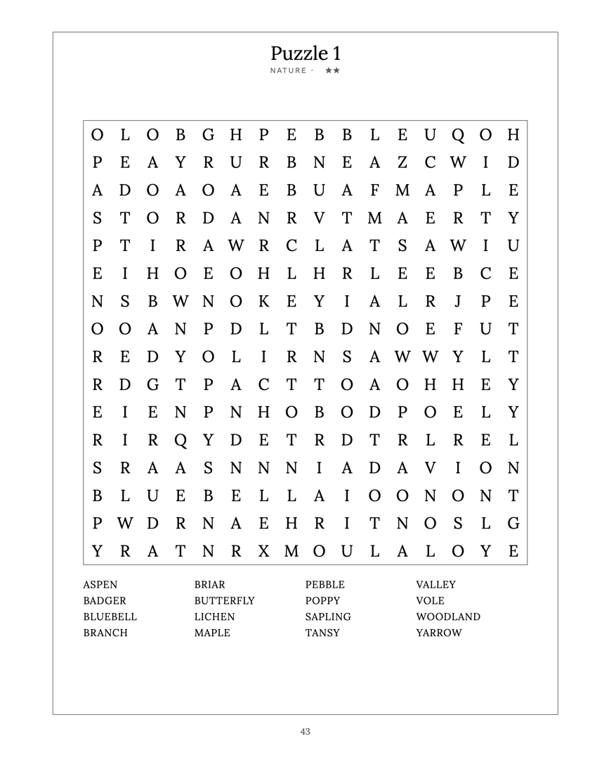A finished word search page: a grid of letters with sixteen nature words listed beneath it.
